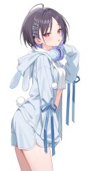 1girl :o ahoge animal_ear_hood animal_ears black_hair blue_hair blue_jacket blue_ribbon blue_shorts blush colored_inner_hair commentary_request cowboy_shot cropped_shirt dolphin_shorts fake_animal_ears fake_tail from_side gakuen_idolmaster hair_intakes hair_ornament headphones headphones_around_neck highres hood hood_down hooded_jacket idolmaster jacket kitano_yukito looking_at_viewer mashiro_yu midriff multicolored_hair open_mouth pom_pom_(clothes) rabbit_tail red_eyes ribbon shirt short_hair shorts simple_background sleeves_past_fingers sleeves_past_wrists solo tail thighs turning_head white_background white_shirt x_hair_ornament