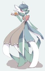Rule 34 | bob cut, clothed pokemon, colored skin, dress, drink, gardevoir, gardevoir (cafe), gen 3 pokemon, green hair, green skin, hair over one eye, hat, holding, holding tray, multicolored skin, narumiya pkmn, nintendo, pokemon, pokemon unite, signature, simple background, smile, tray, two-tone dress, two-tone skin, white skin