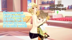 2girls 3d blonde_hair english_text genshin_impact highres koikatsu_(medium) lumine_(genshin_impact) multiple_girls non-web_source yaoyao_(genshin_impact) yellow_eyes yuri