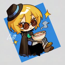 11230kingyo 1girl black_coat black_dress blonde_hair bowl chibi chopsticks coat coat_on_shoulders don_quixote_(project_moon) dress earrings cinq_east_(identity)_(project_moon) food full_body highres holding holding_bowl jade_bracelet jewelry limbus_company noodles ofuda_earrings orange_eyes pants project_moon ramen round_eyewear short_hair solo sunglasses white_pants