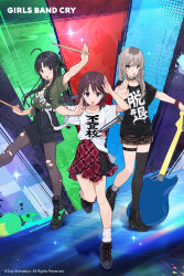 3girls ahoge ankle_boots artist_request awa_subaru bad_source bass_guitar black_hair black_pantyhose black_shirt black_shoes black_shorts black_thighhighs blue_eyes boots brown_hair brown_shorts clothes_writing copyright_name copyright_notice drumsticks girls_band_cry green_shirt grey_eyes grey_socks hair_ornament hairpin highres holding holding_drumsticks instrument iseri_nina kawaragi_momoka looking_at_viewer microphone multiple_girls official_art open_mouth pantyhose pantyhose_under_shorts parted_bangs plaid_clothes plaid_skirt platform_heels red_skirt shikai_no_sumi_kuchiru_oto shirt shoelaces shoes shorts single_thighhigh skirt sneakers socks t-shirt thigh_strap thighhighs tied_shirt torn_clothes torn_pantyhose white_shirt white_socks