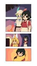 10s 3girls animal_ears black_hair bucket_hat comforting comic food glasses green_hair hat hat_feather highres hug japari_bun kaban_(kemono_friends) kemono_friends litamisu long_hair mirai_(kemono_friends) multiple_girls serval_(kemono_friends) shirt short_hair television