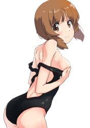 1girl bare_shoulders black_one-piece_swimsuit blush breasts brown_eyes brown_hair buchikaki covered_navel girls_und_panzer grabbing_own_breast highres looking_at_viewer nishizumi_miho one-piece_swimsuit short_hair solo swimsuit