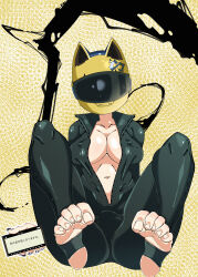 1girl absurdres barefoot breasts celty_sturluson durarara!! feet helmet highres motorcycle_helmet open_clothes shun_zhi_yuanwei_no_pangci soles stirrup_legwear toeless_legwear toes translated