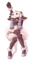 1girl ancesra animal_ears animal_feet animal_nose arm_behind_back arm_up armpits arms_up artist_name black_horns blush body_fur braid closed_mouth collarbone dark-skinned_female dark_skin ears_down female_focus flat_chest full_body furry furry_female gen_8_pokemon grey_hair happy highres holding_own_arm hooves horns knees_together_feet_apart long_hair looking_at_viewer midriff multicolored_hair navel nintendo one_eye_closed personification pokemon pokemon_(creature) pokemon_swsh sheep_ears sheep_girl sheep_tail simple_background sitting smile solo split_mouth stomach stretching tail twin_braids twintails two-tone_hair watermark white_background white_fur white_hair wink wool wooloo yellow_eyes