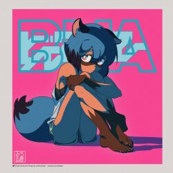 1girl 2022 animal_ear_fluff animal_ears aqua_eyes aqua_shorts armpits artist_logo bare_shoulders barefoot black_hair black_undershirt blue_hair blue_shorts bob_cut border brand_new_animal breasts bright_pupils claws closed_mouth commentary copyright_name dark-skinned_female dark_skin feet full_body furry furry_female gym_shorts hair_between_eyes highres kagemori_michiru knees_to_chest light_frown logo looking_at_viewer michirutnk multicolored_eyes multicolored_hair multicolored_shorts outside_border pink_background pink_eyes pixiv_username raccoon_ears raccoon_girl raccoon_tail shiny_skin short_eyebrows short_shorts shorts sideboob sitting solo tail tank_top thick_eyebrows toenails toes twitter_username two-tone_hair white_border white_pupils white_tank_top yellow_pupils