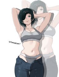 1girl absurdres aqua_eyes arms_up black_hair breasts calvin_klein chainsaw_man closed_mouth denim eyepatch grey_panties grey_sports_bra highres himeno_(chainsaw_man) jeans large_breasts looking_at_viewer mothdropcrowla panties pants short_hair solo sports_bra sports_panties underwear white_background zoom_layer