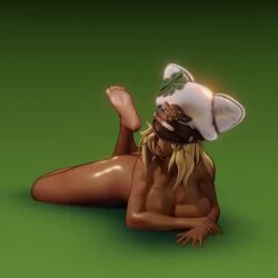 1girl 3d animated ass barefoot blonde_hair breasts cleavage dark-skinned_female dark_skin feet guilty_gear guilty_gear_strive hat large_breasts long_hair lowres lying nude on_stomach orange_eyes pear_force_one ramlethal_valentine soles solo spread_legs tagme toes video