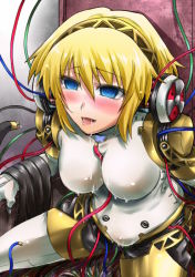 1girl aigis_(persona) ahegao android atlus blonde_hair blue_eyes blush bug butterfly cable drooling empty_eyes female_focus hacking insect mind_control open_mouth persona persona_3 persona_3_portable restrained saliva segami_daisuke sexually_suggestive short_hair sitting solo torogao