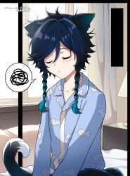 1boy absurdres alternate_costume animal_ears aqua_hair bed bedroom black_hair black_tail blue_pajamas braid cat_boy cat_ears closed_eyes curtains genshin_impact gradient_hair highres lkari_shi long_sleeves male_focus multicolored_hair multicolored_tail pajamas solo tail twin_braids venti_(genshin_impact) white_tail window