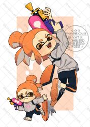 &gt;:) 1girl :3 :d arms_up chibi chibi_inset colored_tongue commentary_request commission coula_cat fangs from_behind grey_sweater gun hair_bun highres holding holding_gun holding_weapon ink_tank_(splatoon) inkling_girl inkling_player_character jumping leggings long_sleeves looking_at_viewer looking_to_the_side nintendo open_mouth orange_eyes orange_hair print_sweater running shoes short_hair shoulder_strap sidelocks single_vertical_stripe skeb_commission smile sneakers splatoon_(series) splattershot_(splatoon) sweater tentacle_hair v-shaped_eyebrows watermark watermark_grid weapon white_shoes white_sneakers