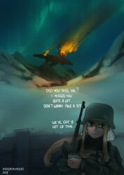 1girl aircraft airplane assault_rifle battlefield_(series) battlefield_v brown_hair burning cup dated doki_doki_literature_club english_text fire green_eyes gun highres kettle_helm military_uniform monika_(doki_doki_literature_club) mountainous_horizon mug panzermeido rifle signature smoke snow stg44 trench weapon