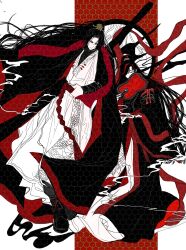 1boy 1girl absurdres adjusting_belt arm_behind_back black_boots black_cloak black_hair black_hanfu black_robe black_shirt boots chinese_clothes cloak closed_eyes curtained_hair flat_color frown full_body hair_bun hair_flowing_over hair_ornament hand_fan hanfu high_ponytail highres holding holding_behind_back holding_fan holding_staff holding_weapon_behind_back jia_qiu_(project_moon) limbus_company limited_palette long_hair multicolored_hair ntcke ponytail project_moon red_scarf red_streaks robe rope_around_arm rope_belt scale_print scar scar_on_face scarf serious shirt smile smoke staff streaked_hair very_long_hair walking white_hanfu wind zigong_(project_moon)