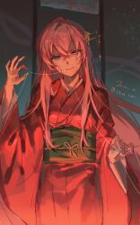 1girl 2024 aqua_nails blood blood_on_face blue_eyes dated enbizaka_no_shitateya_(vocaloid) evillious_nendaiki false_smile green_sash guillotine hair_between_eyes hair_ornament hair_stick head_tilt highres japanese_clothes kanzashi kazemi_arashi kimono long_hair looking_at_viewer megurine_luka mouth_hold nail_polish obi pink_hair red_kimono red_pupils sash shaded_face signature smile solo sudou_kayo thread very_long_hair vocaloid