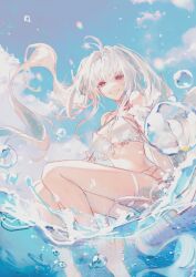 1girl ahoge bikini blue_sky breasts cloud doyamemo_f fate/grand_order fate_(series) feet_out_of_frame frilled_bikini frills highres lady_avalon_(fate) lady_avalon_(second_ascension)_(fate) long_hair looking_at_viewer medium_breasts merlin_(fate/prototype) open_mouth partially_underwater_shot red_eyes sky smile solo swimsuit very_long_hair water water_drop white_bikini white_hair
