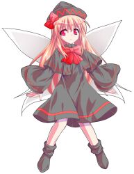 1girl a-pose alphes_(style) black_capelet black_dress black_hat black_socks blonde_hair bobby_socks bow bowtie capelet closed_mouth commentary_request dairi dress fairy fairy_wings full_body hair_between_eyes hat hat_bow large_variant_set legs_apart lily_black lily_white long_hair long_sleeves no_shoes parody red_bow red_bowtie red_eyes socks solo style_parody tachi-e touhou transparent_background variant_set wide_sleeves wings