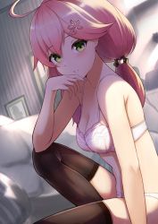 1girl ahoge black_thighhighs bra breasts cherry_hair_ornament cleavage elbow_on_knee elbow_rest food-themed_hair_ornament from_side green_eyes hair_ornament hairclip hand_to_own_mouth highres hololive indoors knee_up looking_at_viewer looking_to_the_side low_twintails medium_breasts panties parted_lips pink_hair pyonsan sakura_miko sitting solo thighhighs twintails underwear underwear_only virtual_youtuber white_bra white_panties