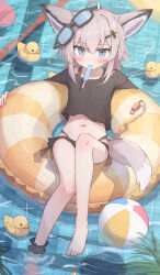 1girl absurdres ahoge animal_ears arknights ball barefoot beachball bikini bikini_under_clothes blue_eyes blush commentary food fox_ears fox_girl fox_tail goggles goggles_on_head hair_ornament highres innertube looking_at_viewer nalphanne navel pool rubber_duck shirt short_hair solo sussurro_(arknights) sussurro_(summer_flower)_(arknights) swim_ring swimsuit symbol-only_commentary t-shirt tail water whistle