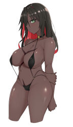 1girl absurdres arms_behind_back bikini black_bikini black_choker black_hair body_markings breasts choker closed_mouth colored_inner_hair covered_erect_nipples creatures_(company) cropped_legs dark-skinned_female dark_skin game_freak gen_6_pokemon green_eyes groin hair_over_one_eye hand_on_own_arm highres large_breasts legendary_pokemon light_blush long_hair looking_at_viewer micro_bikini multicolored_hair natsuki_straight navel nintendo parted_bangs personification pokemon shiny_skin simple_background skindentation solo stomach swimsuit two-tone_hair white_background yveltal