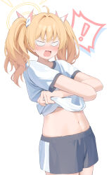 ! 1girl absurdres black_shorts blonde_hair blue_archive blush clothes_lift commentary gym_shirt gym_shorts gym_uniform halo highres hotarihotaru midriff navel nose_blush shirt shirt_lift shorts simple_background solo spoken_exclamation_mark standing undressing white_background white_eyes white_shirt yellow_halo yoshimi_(blue_archive)