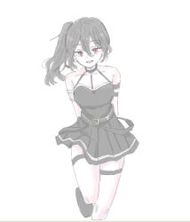 1girl :d arms_behind_back bare_shoulders black_boots black_dress black_hair boots breasts collarbone dress hair_between_eyes long_hair open_mouth pleated_dress red_eyes seila_rei side_ponytail simple_background small_breasts smile solo sousou_no_frieren standing standing_on_one_leg thigh_strap ubel_(sousou_no_frieren) white_background