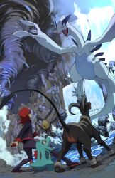 1boy arm_behind_back bell clenched_hand commentary creatures_(company) e_volution game_freak gen_2_pokemon holding holding_poke_ball houndoom jacket legendary_pokemon legs_apart long_sleeves looking_up lugia medium_hair nintendo pants poke_ball poke_ball_(basic) pokemon pokemon_(creature) pokemon_hgss red_hair rock shoes silver_(pokemon) spiked_hair totodile water waterfall