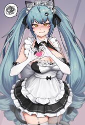 1girl @_@ absurdly_long_hair absurdres animal_ear_fluff animal_ears bell biting_own_lip blue_hair blush breasts cat_ears cat_tail cleavage dress elbow_gloves frilled_dress frills garter_straps gloves goddess_of_victory:_nikke hair_ornament hairclip hands_up heart heart_hands highres jingle_bell large_breasts long_hair maid maid_headdress privaty_(nikke) privaty_(unkind_maid)_(nikke) sagle solo spoken_squiggle squiggle sweat tail thighhighs twintails very_long_hair white_garter_straps white_gloves white_thighhighs yellow_eyes zettai_ryouiki