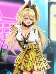 animal_ears animal_print bag black_choker blonde_hair bra bra_peek breasts choker cleavage clothes_around_waist collarbone commentary_request cowboy_shot eyewear_hang fake_animal_ears fang goddess_of_victory:_nikke green_eyes gyaru hair_intakes hashita highres holding holding_phone large_breasts leopard_print long_hair open_mouth phone rabbit_ears rupee_(nikke) shirt shopping_bag skirt sweater sweater_around_waist tan thighs underwear unworn_eyewear white_shirt yellow_bra yellow_nails yellow_skirt yellow_sweater