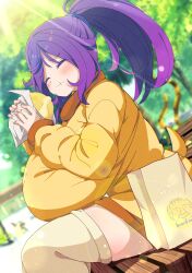 1girl :t absurdres alternate_breast_size bag bench blurry blurry_background blush breasts chewing closed_eyes closed_mouth commission day dutch_angle eating food food_on_face gigantic_breasts highres holding holding_bag holding_food hood hoodie huge_breasts jacket lens_flare light_rays long_hair long_sleeves on_bench original outdoors paper_bag park_bench ponytail purple_hair shiro9jira shopping_bag sitting skeb_commission solo steamed_bun sunlight thick_thighs thighhighs thighs tree white_thighhighs yellow_hoodie yellow_thighhighs zettai_ryouiki