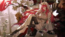 1girl absurdres arknights ascalon_(arknights) ascalon_(phototaxis)_(arknights) black_thighhighs branch breasts cape closed_mouth commentary_request dress earrings full_body gauntlets hair_between_eyes hand_up high_heels highres hood hooded_cape horns indoors jewelry krao large_breasts long_dress long_hair long_sleeves looking_at_viewer official_alternate_costume pointy_ears red_hair solo teardrop_facial_mark thighhighs veil very_long_hair white_dress white_horns white_veil wide_sleeves window yellow_eyes