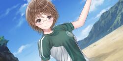 Rule 34 | 1girl, arm up, beach, blue reflection (series), blue reflection sun, blue sky, breasts, brown eyes, brown hair, closed mouth, cloud, day, dutch angle, emblem, game cg, glasses, green shirt, highres, kishida mel, large breasts, looking at viewer, mountain, non-web source, official art, outdoors, round eyewear, shirt, short sleeves, sky, smile, solo, takaoka yukiko, two-tone shirt, white shirt