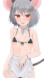 Rule 34 | 1girl, alternate costume, animal ears, apron, bikini, black bikini, blush, collar, commentary request, cowboy shot, crystal, dakuazu, detached collar, flat chest, frilled bikini, frills, front-tie bikini top, front-tie top, grey hair, highres, jewelry, looking at viewer, mouse ears, mouse girl, mouse tail, nazrin, nearly naked apron, open mouth, paid reward available, pendant, red eyes, short hair, simple background, solo, swimsuit, tail, touhou, waist apron, white apron, white background, white collar