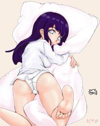 1girl aliasing barefoot blue_hair body_pillow cameltoe feet female_focus hyuuga_hinata looking_back naruto naruto_(series) panties pillow sakuama soles solo toes underwear