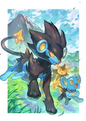 absurdres alternate_color border cloud commentary_request day evolutionary_line falling_leaves fangs gen_4_pokemon grass highres leaf luxio luxray mountain nintendo no_humans open_mouth outdoors pokemon pokemon_(creature) running shinx shiny_pokemon sky smile tapioka_chaso toes tongue white_border