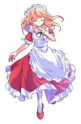 1girl apron black_ribbon blonde_hair closed_mouth commentary_request dairi dress facing_viewer frilled_apron frilled_dress frills full_body hand_up highres large_variant_set long_hair maid_headdress neck_ribbon pantyhose red_dress red_shoes ribbon shoes short_sleeves solo standing touhou touhou_(pc-98) transparent_background v-shaped_eyebrows variant_set white_apron white_pantyhose yumeko_(touhou)