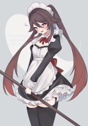 1girl alternate_costume apron black_dress black_thighhighs blush bow bowtie brown_hair dress engasaki_sakura flower-shaped_pupils frilled_apron frills genshin_impact hair_between_eyes highres hu_tao_(genshin_impact) long_hair long_sleeves looking_at_viewer maid maid_apron maid_headdress open_mouth red_bow red_bowtie red_eyes solo symbol-shaped_pupils thigh_strap thighhighs twintails waist_apron white_apron