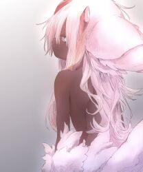 Rule 34 | 1girl, back, blue eyes, body fur, closed mouth, dark-skinned female, dark skin, faputa, from behind, grey background, highres, long hair, looking at viewer, looking back, made in abyss, marudoll, monster girl, pink hair, simple background, smile, solo, white fur