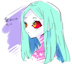 1girl aqua_eyes colored_sclera cowboy_shot cyberpunk_(series) cyberpunk_edgerunners cyborg ewoageruyobemo green_eyes hair_down long_hair neck_tattoo rebecca_(cyberpunk) red_sclera signature simple_background smile solo tattoo