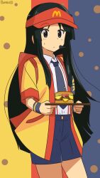 1girl akiyama_mio artist_name bambi2000line black_eyes black_hair black_necktie black_shorts burger commentary food hat headset highres holding holding_tray imadake_dabuchi_tabemi k-on! long_hair mcdonald&#039;s necktie shirt shorts solo standing striped_clothes striped_shirt tray visor_cap watermark