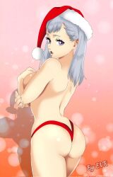 1girl ass black_clover breasts christmas curvy excalibur_overdrive female_focus from_behind hat highres huge_ass hugging_breasts long_hair looking_at_viewer no_bra noelle_silva open_mouth panties purple_eyes santa_hat sideboob silver_hair solo teeth twintails underwear watermark