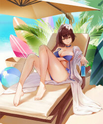 1girl ball barefoot beach beachball bikini breasts brown_hair chair feet highres large_breasts light_smile long_hair looking_at_viewer lounge_chair original parasol parted_lips ponytail shiran1024 swimsuit toes umbrella yellow_eyes