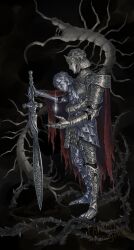 1boy armor black_background bug cape centipede commentary d_hunter_of_the_dead elden_ring english_commentary from_side full_body gold_armor greatsword helm helmet highres holding holding_sword holding_weapon nagekichi ornate planted planted_sword planted_weapon plate_armor reaching red_cape signature silver_armor solo standing sword torn_clothes twitter_username weapon