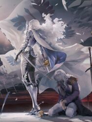 1boy absurdres armor berserk broken broken_sword broken_weapon cape dual_persona greatsword griffith_(berserk) highres holding jacket kneeling long_hair male_focus shoulder_armor spencer_sais sword wavy_hair weapon white_cape white_hair