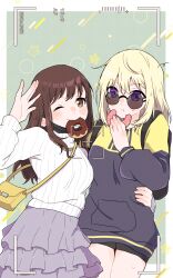 Rule 34 | 2girls, bag, bang dream!, bang dream! it&#039;s mygo!!!!!, black shorts, blonde hair, brown eyes, brown hair, chain, chain necklace, commentary request, donut, dotted background, eating, food, food in mouth, grey skirt, handbag, hands on another&#039;s waist, highres, holding, holding donut, holding food, hug, jacket, jewelry, long hair, mask, mask pull, medium hair, messy hair, misumi uika, mouth mask, multiple girls, nago (hasakimati), necklace, one eye closed, purple eyes, round eyewear, salute, shorts, skirt, smile, sumimi (bang dream!), sumita mana, sunglasses, sweater, turtleneck, turtleneck sweater, viewfinder, waist hug, white sweater