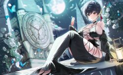 1girl absurdres arm_support bare_shoulders black_dress black_gloves black_hair black_nails blue_butterfly blush breasts bug butterfly champagne_flute chromatic_aberration cleavage clock clock_tower clothing_cutout cloud collarbone commentary commission crescent criss-cross_straps cup detached_sleeves dress drinking_glass dutch_angle flower full_moon gem gloves gurami_(zangizarang) hair_between_eyes hand_up high_heels highres holding holding_cup insect jewelry knees_up large_breasts light_particles long_dress long_sleeves looking_at_viewer moon moonlight nail_polish necklace night night_sky open_mouth orange_eyes original outdoors plant purple_gemstone short_hair side_cutout sideboob single_glove sitting skindentation sky smile solo sparkle thigh_cutout thighs tower underboob white_flower wide_sleeves
