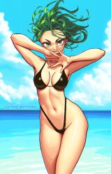 Rule 34 | 1girl, arms up, bikini, black bikini, blue sky, breasts, closed mouth, cloud, cowboy shot, day, floating hair, green eyes, green hair, gxthebatman, highleg, highleg bikini, highres, looking at viewer, medium breasts, navel, ocean, one-punch man, open hands, outdoors, own hands together, short hair, sky, smile, solo, stomach, swimsuit, tatsumaki, thighs, v-shaped eyebrows, water, wide hips