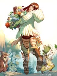 Rule 34 | 1girl, 5tatsu, animal, black shorts, bone, bottle, brown eyes, brown hair, clothed animal, coat, crystal, felyne, full body, herb bundle, highres, honeycomb (object), hood, hood down, hooded coat, long hair, looking at viewer, monster hunter (character), monster hunter (series), monster hunter wilds, mushroom, outdoors, parted bangs, parted lips, short shorts, shorts, smile, twitter username, white coat