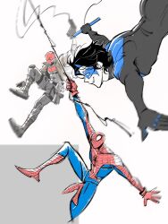 animal_print bat_signal batman_(series) batman_symbol be123be_be black_bodysuit black_gloves black_hair blue_bodysuit bodysuit brothers brown_jacket crossover dc_comics dick_grayson domino_mask gloves grey_bodysuit highres jacket jason_todd male_focus marvel mask multiple_boys muscular muscular_male nightwing open_clothes pants peter_parker print_bodysuit red_bodysuit red_hood_(dc) red_mask short_hair siblings silk spider-man spider-man_(series) spider_print spider_web spider_web_print superhero_costume taut_bodysuit two-tone_bodysuit web_shooter