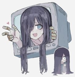 1girl black_hair blue_eyes commentary crt hair_over_eyes hair_over_face hair_over_one_eye highres long_hair maikeru_(dk_maikel) ringed_eyes television the_ring through_medium through_screen v white_background yamamura_sadako