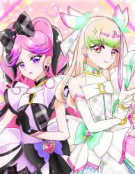 2girls bare_arms black_gloves black_hair blonde_hair blunt_bangs bracelet braid brooch bubble_skirt choker closed_mouth cure_kiss cure_zukyuun dress earrings elbow_gloves finger_gun fortissimo frilled_dress frilled_ribbon frilled_skirt frilled_sleeves frills fun-yzz gingham gingham_dress gloves gradient_hair green_hair hair_ornament hair_ribbon hair_tie hair_wings half_gloves heart heart-shaped_lock heart-shaped_pupils highres jewelry kimi_to_idol_precure long_hair looking_at_viewer magical_girl mature_female meroron_(human_form) multicolored_hair multiple_earrings multiple_girls musical_note musical_note_hair_ornament parted_bangs pearl_earrings pink_eyes pink_hair precure puffy_short_sleeves puffy_sleeves purirun_(human_form) purple_dress purple_eyes ribbon ribbon_choker short_sleeves single_bare_shoulder skirt sleeveless standing symbol-shaped_pupils twin_braids twintails upper_body very_long_hair white_dress white_gloves wing_hair_ornament wrist_cuffs